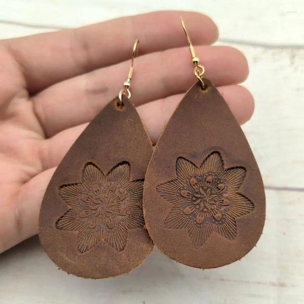 Boucles d'oreilles pendantes en cuir véritable, fleur de Mandala, outil à la main, goutte d'eau pour femmes, bijoux occidentaux, vente en gros