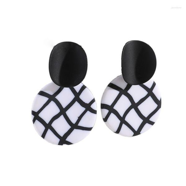 Pendientes colgantes hechos a mano en blanco y negro, pieza redonda de arcilla polimérica para mujer