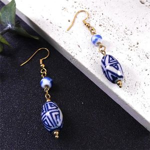Bengelen oorbellen handgemaakte Chinese stijl blauwe en witte porselein oorbel roestvrijstalen keramische kraal vrouwelijke druppel sieraden LS10S01