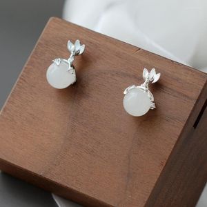 Boucles d'oreilles pendantes faites à la main créative à la mode feuille florale incrustée de tempérament de jade blanc naturel femme 925 boucle d'oreille en argent sterling bijoux fins