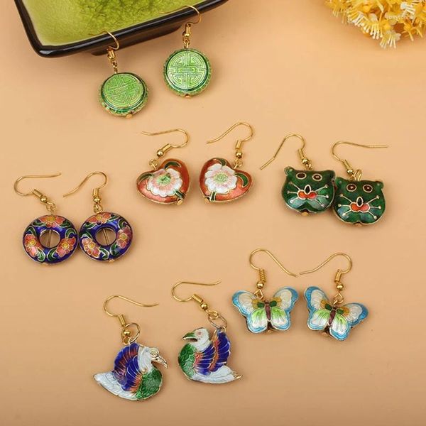 Pendientes colgantes hechos a mano para mujer, joyería Vintage, pendientes de animales, accesorios de esmalte cloisonné chino