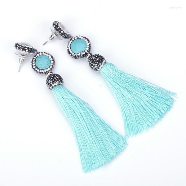 Dangle Boucles D'oreilles À La Main Cyan Bleu Turquoises Howlite Gemstome Charm Noir Strass Perle D'eau Douce Goujons Soie Gland Boucle D'oreille Femmes