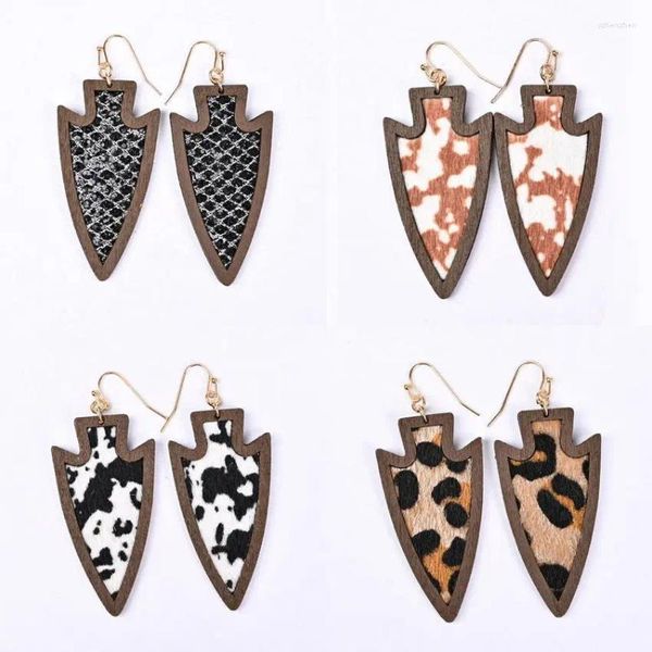 Boucles d'oreilles pendantes faites à la main en cuir véritable et pointe de flèche en bois pour femmes, bijoux de flèche occidentale, vente en gros