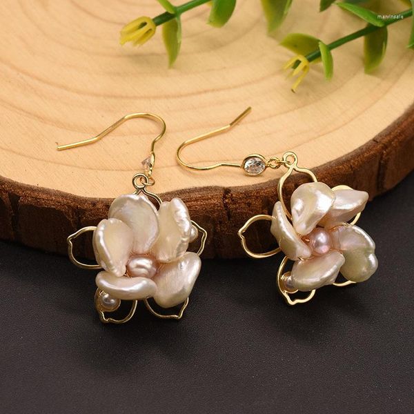 Boucles d'oreilles pendantes faites à la main naturel eau douce baroque perle pour femmes fleur bijoux fins fête mariage accessoires