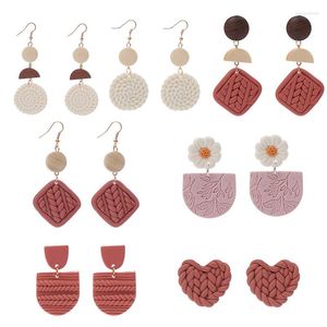 Boucles d'oreilles pendantes faites à la main en argile polymère et rotin, légères et délicates, tissées géométriques, goutte de déclaration, cadeau pour femmes, bijoux