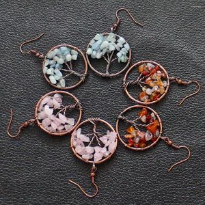 Boucles d'oreilles pendantes faites à la main arbre de vie souhait Reiki pendentif de guérison Bronze fil de cuivre enroulement pierre de cristal naturel rétro