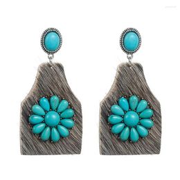 Boucles d'oreilles pendantes faites à la main Turquoise Floral Art déco en cuir véritable étiquette de vache pour femmes Western Cowgirl bijoux Vintage en gros