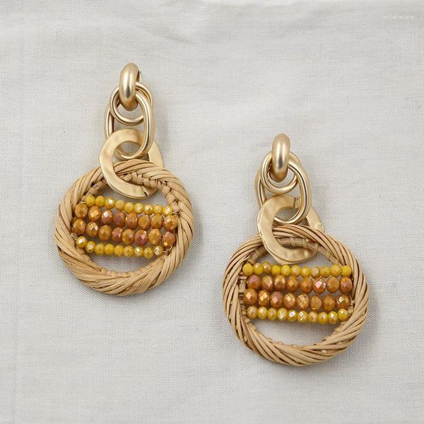 Pendientes colgantes de mimbre hecho a mano para mujeres boho de madera de madera arete dorada color de color de oro