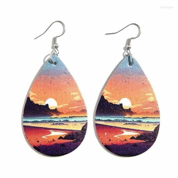 Pendientes colgantes Hawaii playa vacaciones verano cuero Bohemia paisaje cocotero grava puesta de sol estampado joyería de mujer envío gratuito