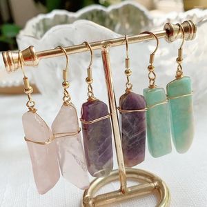 Pendientes colgantes Curación de piedra natural barra rectangular irregular de borla larga lúpes de lúcido cuarzo arete de gota de cristal morado