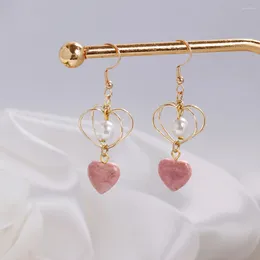 Boucles d'oreilles en pente coeur 14K Gold Plated Drop Natural Rhodochrosite Imitation Pearl Bohemian Jewelry for Women