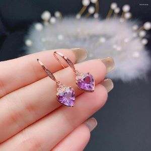 Pendientes colgantes Drop de cristal del corazón para mujer 8 mm VVS Grado Amethyst 925 Silver Hook