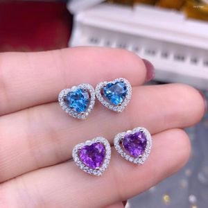 Boucles d'oreilles pendantes coeur style bleu saphir violet améthyste pierre précieuse femmes couleur bijoux 925 argent sterling naturel gemme cadeau d'anniversaire