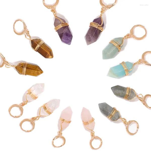 Boucles d'oreilles en verrous colonne hexagonale pierre pendante boucle d'oreille à oreilles naturels amethystes gemmes minéraux drop gouttes d'oreille bijoux pour les femmes