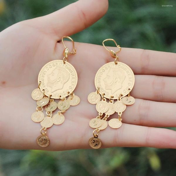 Boucles d'oreilles pendantes haut de gamme en métal de luxe, Long pendentif à pampilles pour femmes musulmanes, rondes dorées, bijoux de mariage à la mode, cadeaux, vente en gros