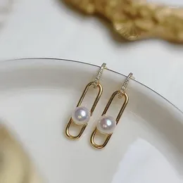 Boucles d'oreilles pendantes haut de gamme, chaîne rétro moderne, perle d'eau douce naturelle, trombone de tempérament, Micro incrusté de Zircon, cadeau exquis