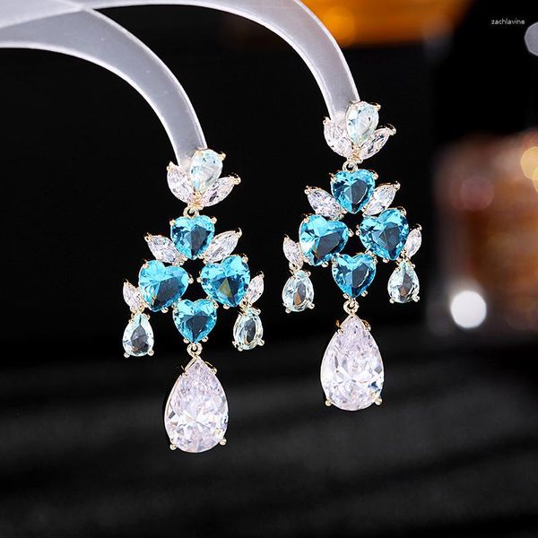 Pendientes colgantes Temperamento de gama alta Color de moda Circonia cúbica Banquete de mujer Retro Amor Gota Joyería de boda