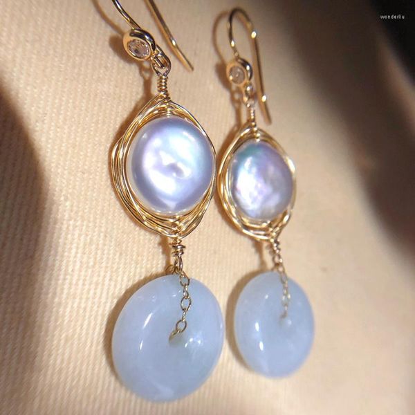 Boucles d'oreilles pendantes haute brillance bouton forme cercle de perles naturelles chanceux Jade pour les femmes à la mode circulaire goutte filles bijoux