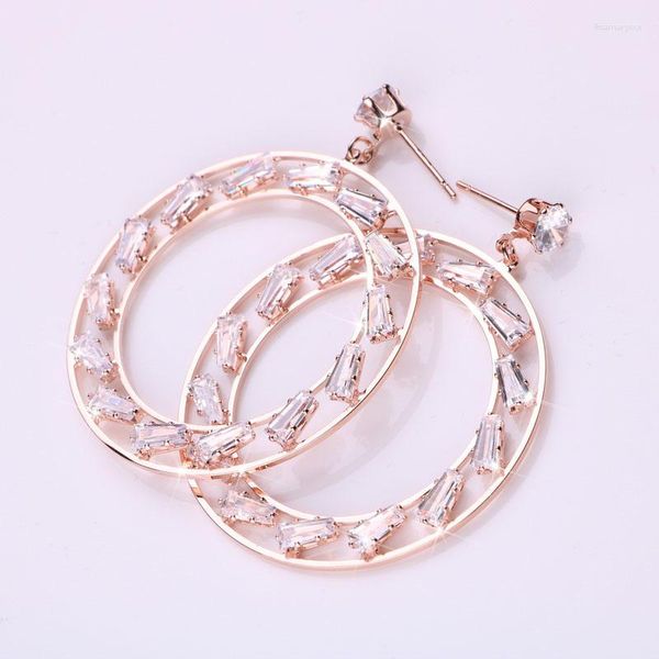 Boucles d'oreilles pendantes de haute qualité, couleur or Rose, grand rond de 4cm, cristal zircone pour femmes, boucles d'oreilles tendance en cuivre, cadeaux d'anniversaire