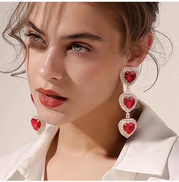 Pendientes colgantes de alta calidad para mujer, joyas de corazones rojos con diamantes de imitación brillantes, accesorios llamativos para vestido de noche Maxi para mujer