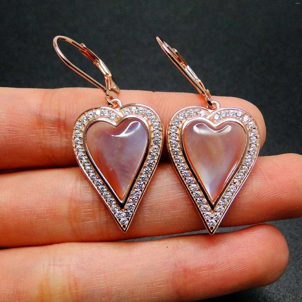 Pendientes colgantes de gran cantidad para mujer, fregona rosa Natural con forma de corazón, joyería de nácar, Plata de Ley 925 para regalo