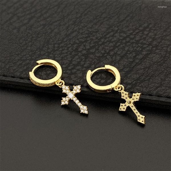 Pendientes colgantes Hip Hop Hombres Mujeres 925 Joyas de plata esterlina Pase el selector de diamantes Moissanite Religioso Aro de oro Pendiente cruzado