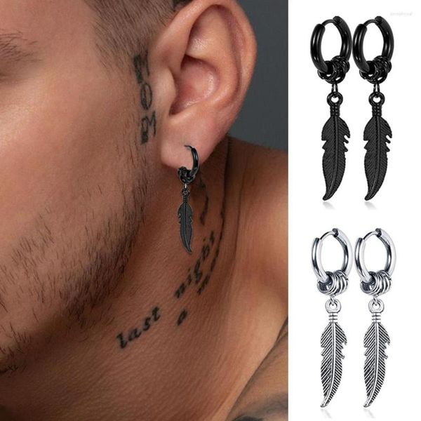 Boucles d'oreilles pendantes hip hop Punk cerceau unisexe pour hommes, boucle d'oreille en acier inoxydable, bijoux pendentif plume à la mode