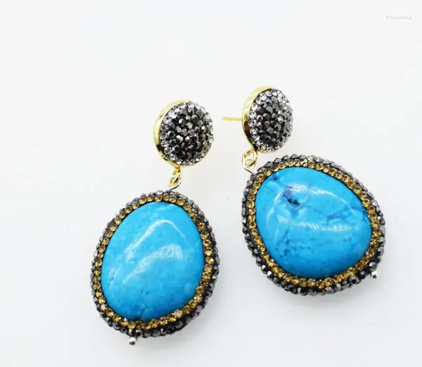 Boucles d'oreilles pendantes Howlite Turquoise plat ovale Zircon crochet boucles d'oreilles incroyable 25830mm gros perles Nature cadeau de noël