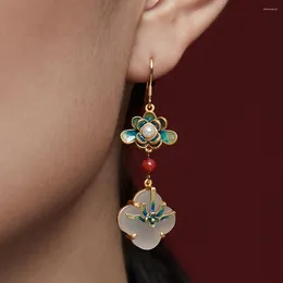 Boucles d'oreilles pendantes HOYON, artisanat doré ancien, classique oriental, émail peint, glands de lotus, jade blanc