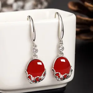 Pendientes colgantes HOYON Vintage crisoprasa mujer ágata roja largo ahuecado temperamento de boda S925 Color plata regalo de joyería