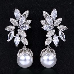 Bengelen oorbellen Huami Big Pearl Drop Leaf Wit Zirkoon Luxe Koreaans Temperament Bruidaal Crystal Earring Fashion sieraden voor vrouwen Bijou