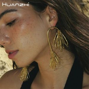 Boucles d'oreilles pendantes HUANZHI couleur or Double pin aiguille gland pour femmes cuivre plaqué exagéré bijoux cadeaux 2024 tendance d'été