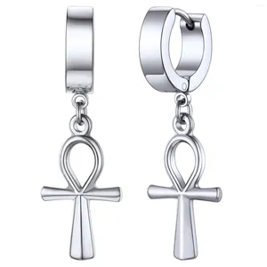 Boucles d'oreilles pendantes Huggie Hoop pour femme Acier inoxydable/Plaqué or 18 carats Boucle d'oreille pendante Ankh/Croix/Cadenas/Corne italienne/Œil/Clé