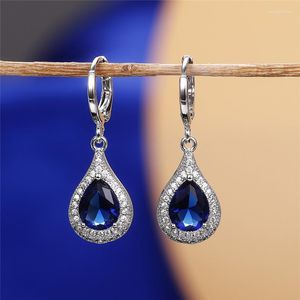Huitan – boucles d'oreilles pendantes en forme de poire, zircone cubique bleu profond pour femmes, cerceau d'oreille gracieux, accessoires, bijoux de fête d'anniversaire