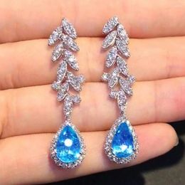 Huitan – boucles d'oreilles pendantes pour mariée romantique, bijoux de luxe en forme de feuille de zircone cubique, goutte d'eau bleue, esthétique, 2024
