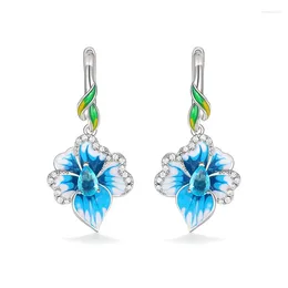 Huitan – boucles d'oreilles pendantes en émail pour femmes, fleur d'intérêt particulier, esthétique, Floral bleu, bijoux faits à la main pour fête de mariage