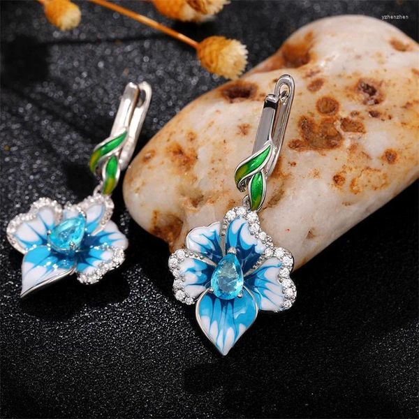 Boucles d'oreilles pendantes Huitan Vintage émail fleur esthétique bleu Floral vert feuille Design élégant bijoux de fête pour femmes