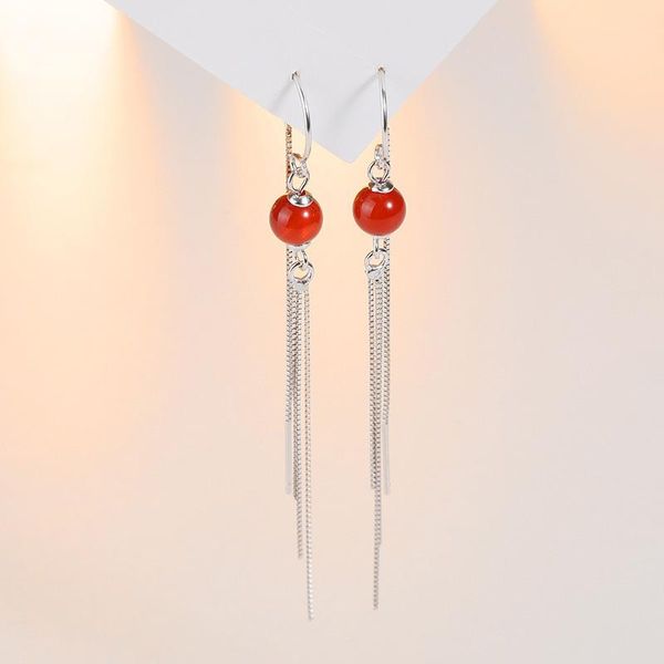 Boucles d'oreilles pendantes hypoallergéniques en agate rouge pour femme - Longue frange en forme de visage modifiée - Bijoux sauvages en argent sterling S925 - Chandeli fin