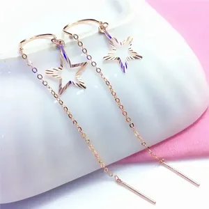 Boucles d'oreilles pendantes en or violet 585, lignes d'oreilles étoiles brillantes pour femmes, bijoux de mariage plaqués délicats Rose 14K à la mode
