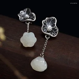 Boucles d'oreilles pendantes en argent 925, Style ethnique Vintage, naturel Hetian blanc Jade feuille de Lotus, perle Peng pour femmes, bijoux