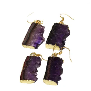 Boucles d'oreilles pendantes pour femmes, couleur or, pierre de cristal, Vintage, améthyste violet brut 2023 naturel, grand 5 pièces