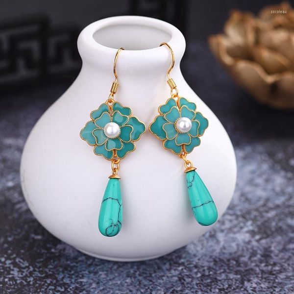 Boucles d'oreilles pendantes en camélia Turquoise Vintage pour femmes accessoires de conception chinoise Antique or artisanat émail goutte goutte bijoux