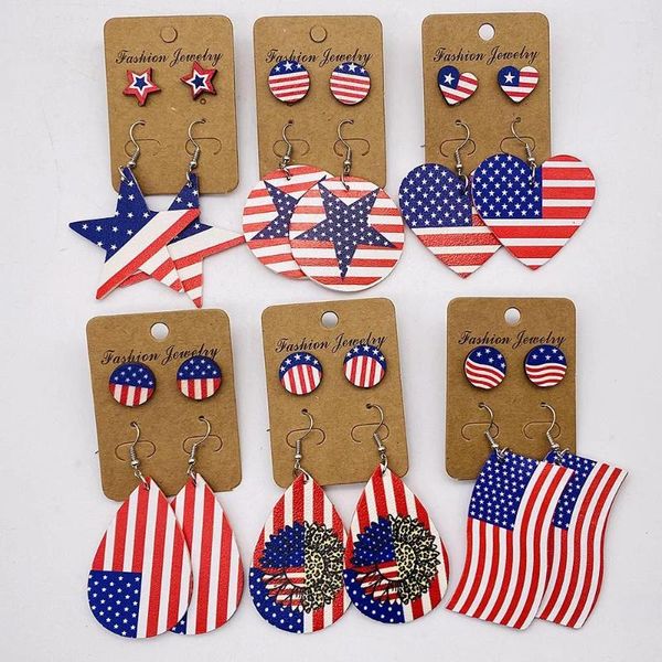 Boucles d'oreilles pendantes pour le jour de l'indépendance, ensemble de clous, drapeau américain, cœur rond, pentagramme, cuir de tournesol