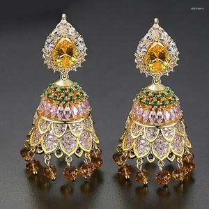 Bungelen oorbellen Indiase Jhumka Jhumki luxe AAA Cubic Zircon Bells kralen Drop Vintage vrouwen bruids bruiloft partij sieraden etnische zigeuner