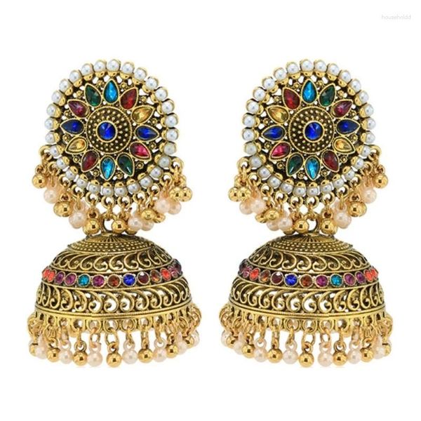 Pendientes colgantes indios vintage Bollywood gitano chapado en oro Boho Bell Ear Rings tradicional Jhumka Jhumki para mujeres y niñas