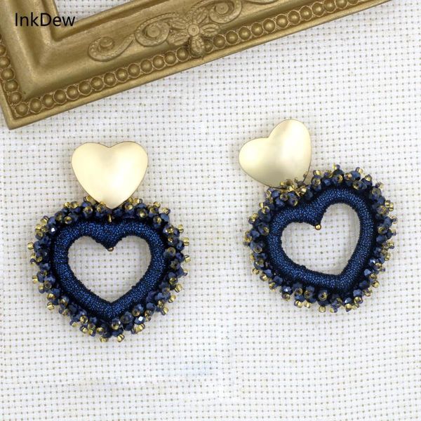Boucles d'oreilles pendantes INKDEW en forme de cœur, perles de cristal faites à la main pour femmes, bijoux grand et Long en métal, cadeau d'oreille