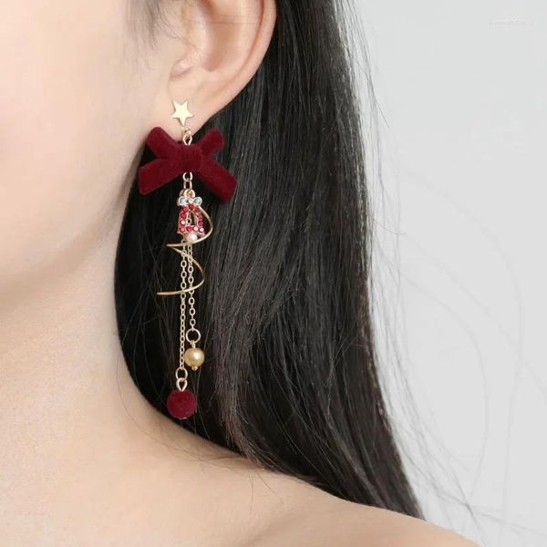Boucles d'oreilles pendantes incrustées de strass, cloche avec nœud papillon floqué rouge pour femmes et filles, automne hiver, pompon doux, vente en gros