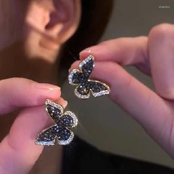 Boucles d'oreilles pendantes incrustées de Zircon cristal noir couleur argent papillon femmes personnalité mode bijoux de mariage cadeaux d'anniversaire