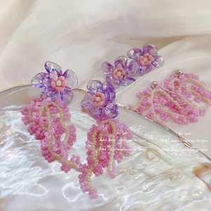 Boucles d'oreilles pendantes Ins mignon fait à la main perles gland violet femmes fille romantique Date bijoux cadeau