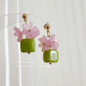 Pendientes colgantes Ins único romántico enlace verde flor rosa mujer chica Linda joyería de fecha